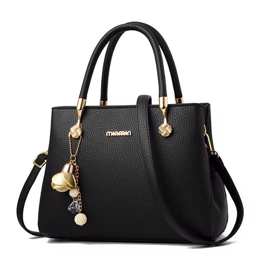 Elegant Black Leather Handbag for Women – Stylish & Versatile Purse with Charm